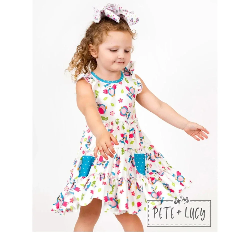 PETE + LUCY Happy Owl Ruffle Dress with Pockets 2T NEW